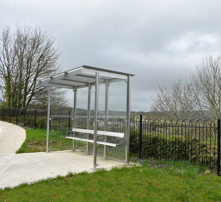 Side angle view of Kent's stainless steel bus shelter in Kilkenny