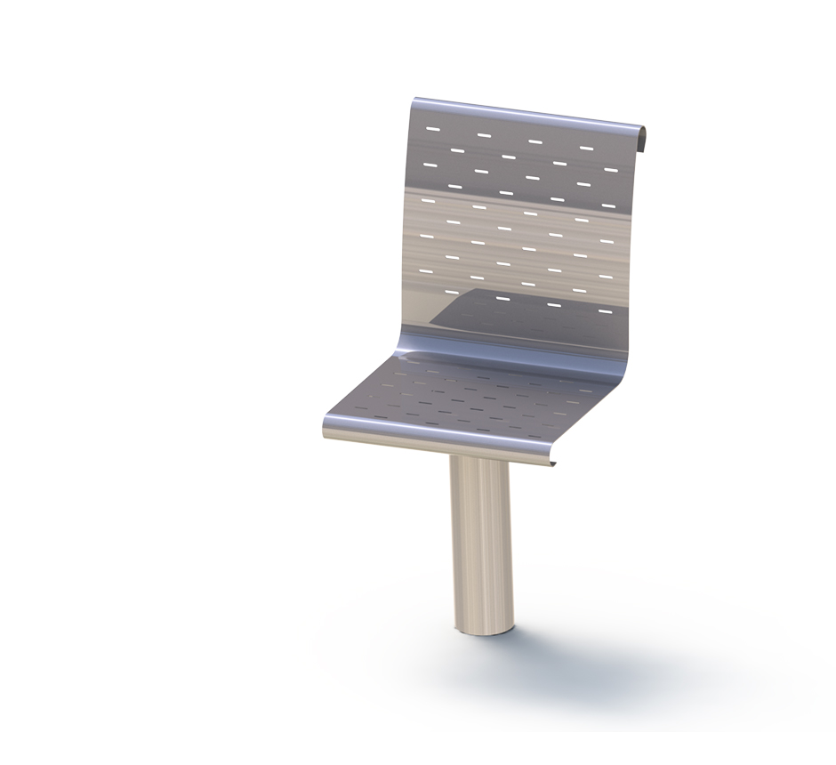 Individual stainless steel seat with perforations to drain rain water.