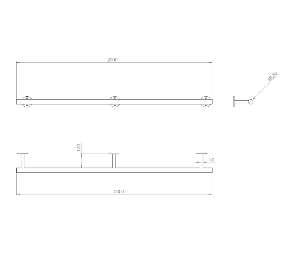 Drawing and dimensions of Kents visible fixing wall mounted bump rail