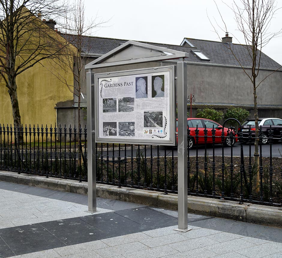 Diagonal view of Kent's stainless steel noticeboard in county longford